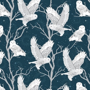Midnight Stars Snow Owls in Trees Wallpaper // Medium //