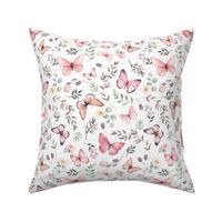 Butterflies Md – Girly Pink Butterfly Fabric, Garden Floral, Flowers & Butterflies Fabric (white)
