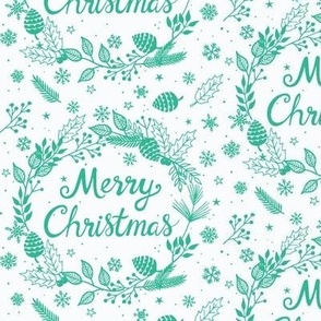 Bright green contemporary merry Christmas wreath foliage on white