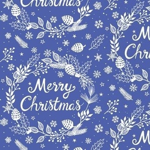 blue and white merry christmas holidays seasonal handdrawn  foliage wreath