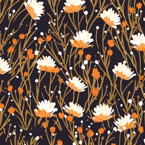 Whimsical Garden Nights | Whimsical white and orange flowers blooms with fine dots on black