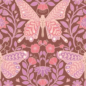 Butterfly Sanctuary Boho Floral Large - Pink Over Maroon Brown Background