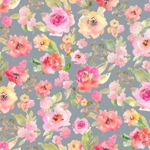 Adeline Watercolor Blush Pink, Yellow Sage Green Floral on Blue_SMALL Scale