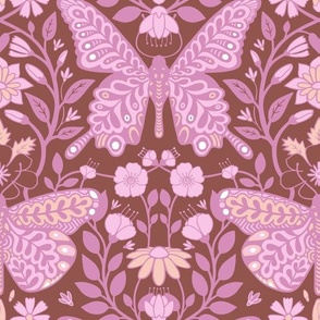 Butterfly Sanctuary Boho Floral Large - Lilac Over Maroon Brown Background