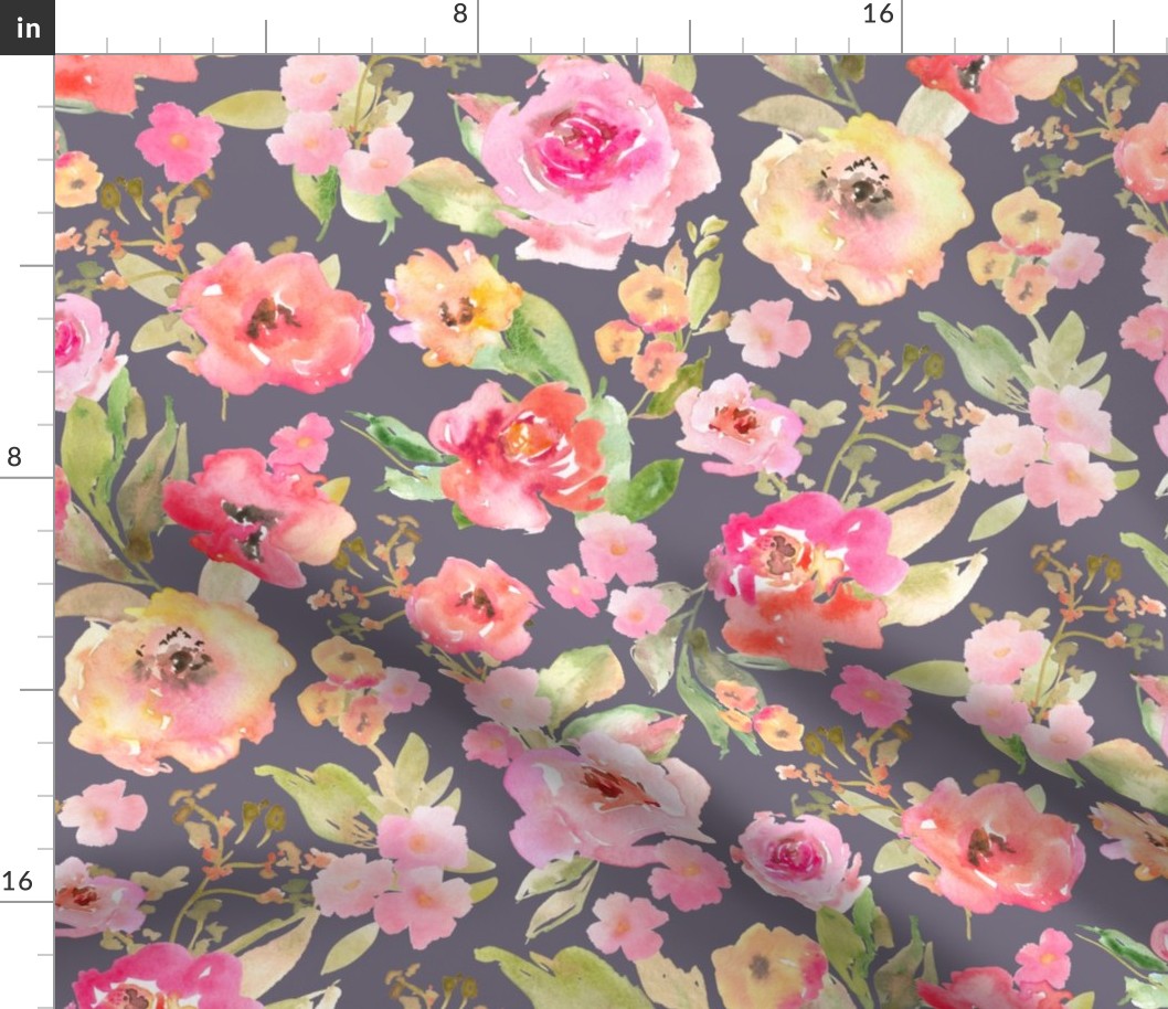 Adeline Watercolor Blush Pink, Floral on Lilac Purple_MEDIUM Scale