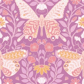 Butterfly Sanctuary Boho Floral Large - Yellow Over Lilac Background