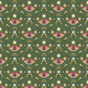 Lunar Moth Meadow, green, 6 in, moonlight floral with little birds,  colorcollab 3