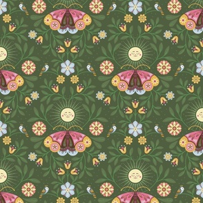 Lunar Moth Meadow, green, 12 in, moonlight floral with little birds,  colorcollab 3