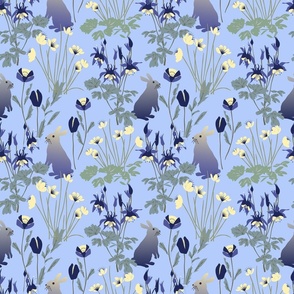 (M) Buttercups, Columbine  Bunnies Woodland Floral Cobalt Blue Sky Blue and Soft Yellow 