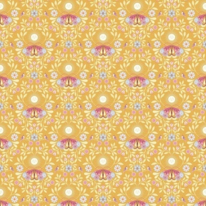 Lunar Moth Meadow, yellow, 6 in, moonlight floral with little birds, colorcollab