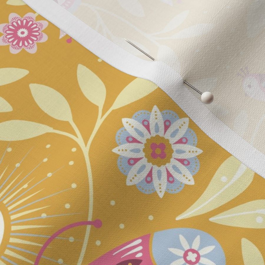 Lunar Moth Meadow, yellow, 12 in, moonlight floral with little birds, colorcollab