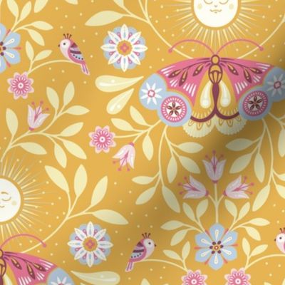 Lunar Moth Meadow, yellow, 12 in, moonlight floral with little birds, colorcollab