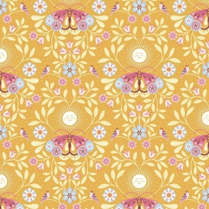 Lunar Moth Meadow, yellow, 12 in, moonlight floral with little birds, colorcollab