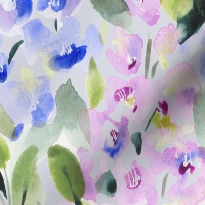 (L) Abstract blue and pink delphinium flower watercolor