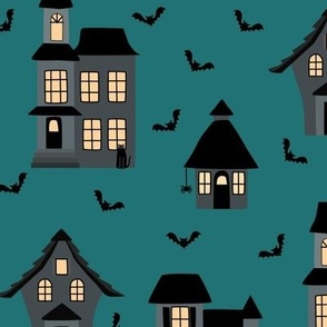 Haunted Houses on Teal - 4 inch