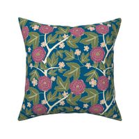 William Morris Magenta Peonies blue background