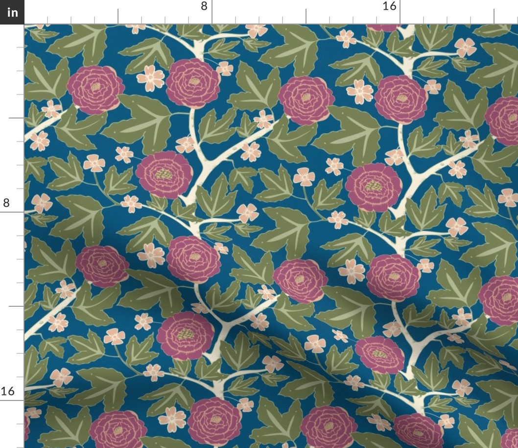 William Morris Magenta Peonies blue background