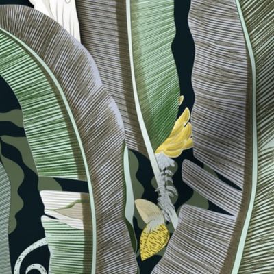Tropical Banana Leaf Oasis with Cockatoos - Warm Green Colors (Large)