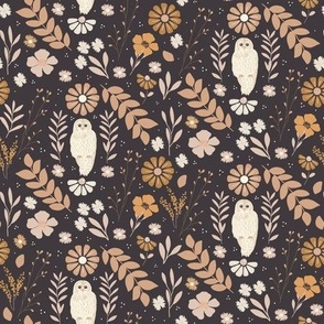 Medium Scale // Owls at Night in Flower Garden on Midnight Onyx Blue (Blush and Brown)