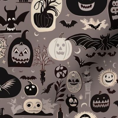 Vintage Retro Halloween Grayscale Cream White Black Medieval Gothic  Jack-o-lanterns Bats Witches 50's 