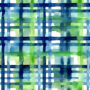 Watercolor Tartan Plaid in Blue and Bright Green