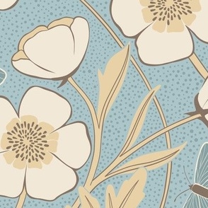Sylvie Buttercup Floral | Aqua + Cream | Large - 24" repeat | Arts & Crafts Style