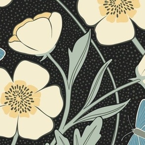 Sylvie Buttercup Floral | Charcoal + Lemon | Large - 24" repeat | Arts & Crafts Style