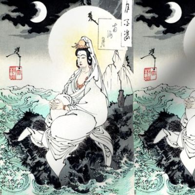 6 guanyin goddess of mercy compassion Bodhisattva  Avalokitesvara sea ocean mountains moon night clouds kanji white veil necklaces Buddha Buddhism religion ancient chinoiserie  brocade East South Asian Oriental Indian Chinese Japanese Tibet white black gr