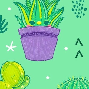 Cacti and Succulents Friends Pattern - Green Background - Large Scale