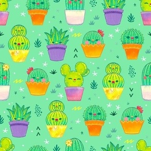 Cacti and Succulents Friends Pattern - Green Background - Smaller Scale