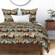 Mountain Animals Wildlife Cheater Quilt Woodland Silhouette Cabin Pines Western Country Teal Brown Large Bear Eagle Cougar Elk