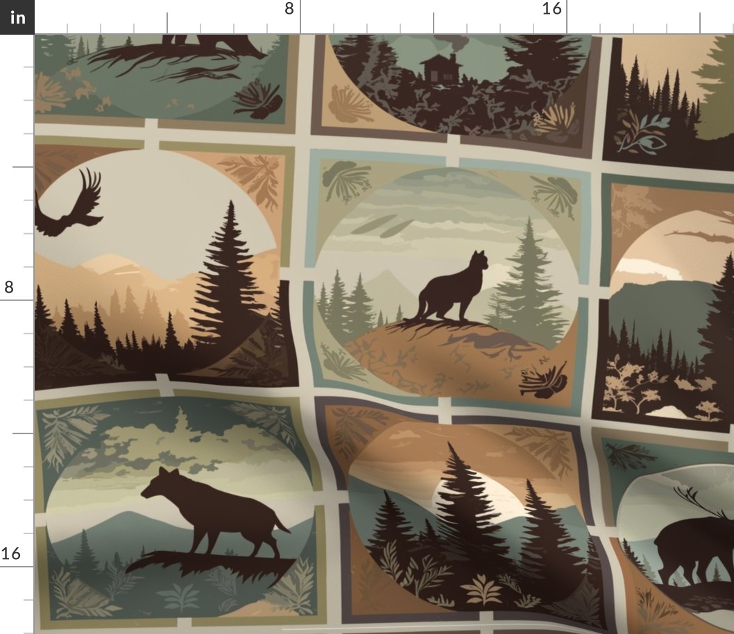 Mountain Animals Wildlife Cheater Quilt Woodland Silhouette Cabin Pines Western Country Teal Brown Large Bear Eagle Cougar Elk