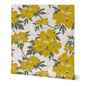 Cheerful Buttercups- Block print- Yellow Gold Ebony on Linen- Large Scale