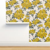 Cheerful Buttercups- Block print- Yellow Gold Ebony on Linen- Large Scale