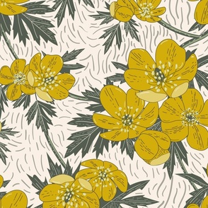 Cheerful Buttercups- Block print- Yellow Gold Ebony on Linen- Large Scale