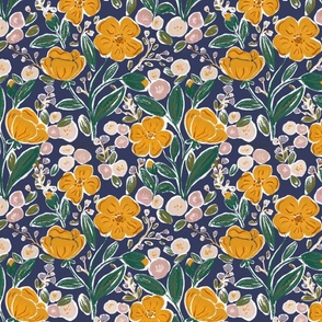 Whispering Wildflowers: Gouache-Style Buttercup Pattern on Painterly Blue #P230361