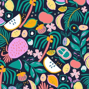 Large Colourful Tropical Fruit Salad: Green, pink on black