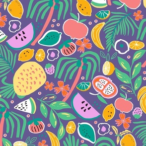 LARGE: Bright Tropical Fruit Salad Pink, Green, red on purple 