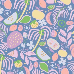 LARGE: Tropical Fruit Salad: Yellow, Pink on slate blue 