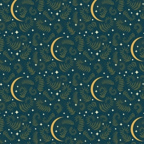 magical meadow ferns stars and moon in dark green and dark blue