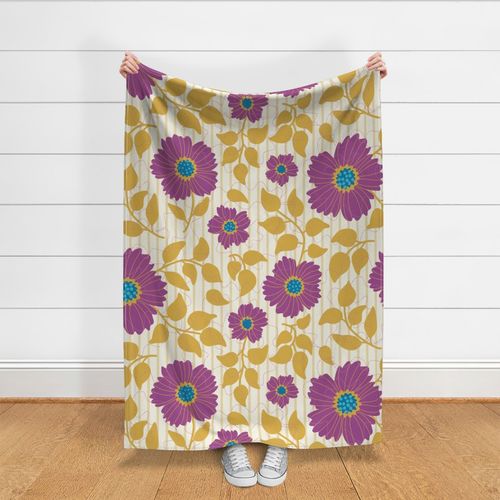 upd XL Bold retro boho florals on vertical pin stripes - purple yellow blue