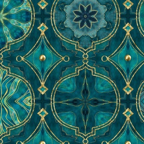 Treasures of Morocco Oriental Tile Design  Turquoise Gold Large Scale