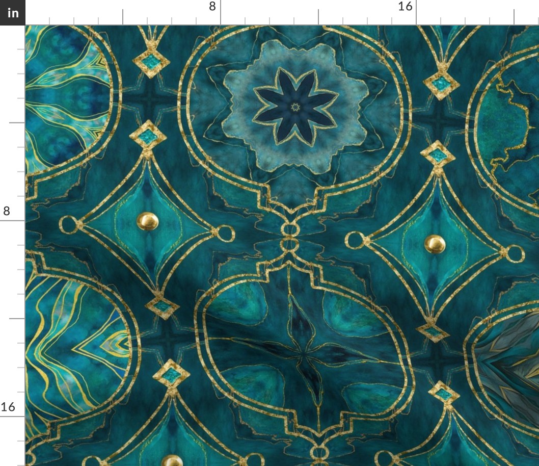 Treasures of Morocco Oriental Tile Design  Turquoise Gold Large Scale