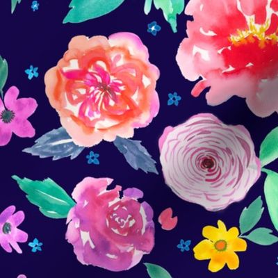 Vibrant flowy watercolour roses and buttercups  floral on dark navy blue 