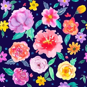 Vibrant flowy watercolour roses and buttercups  floral on dark navy blue 