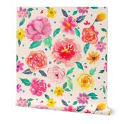 Vibrant flowy watercolour rose and buttercup floral tinted pink on eggshell cream