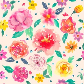 Vibrant flowy watercolour rose and buttercup floral tinted pink on eggshell cream