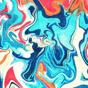 Large Scale retro marble paint swirl pattern in turquoise, navy blue and red with a vintage paper texture