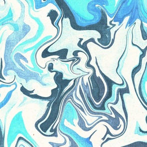 Large Scale retro marble paint swirl pattern in aqua and blue tones with a vintage paper texture