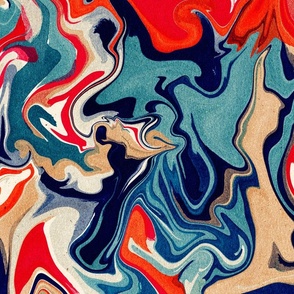 Large Scale retro marble paint swirl pattern in red, teal, dark blue and peach with a vintage paper texture